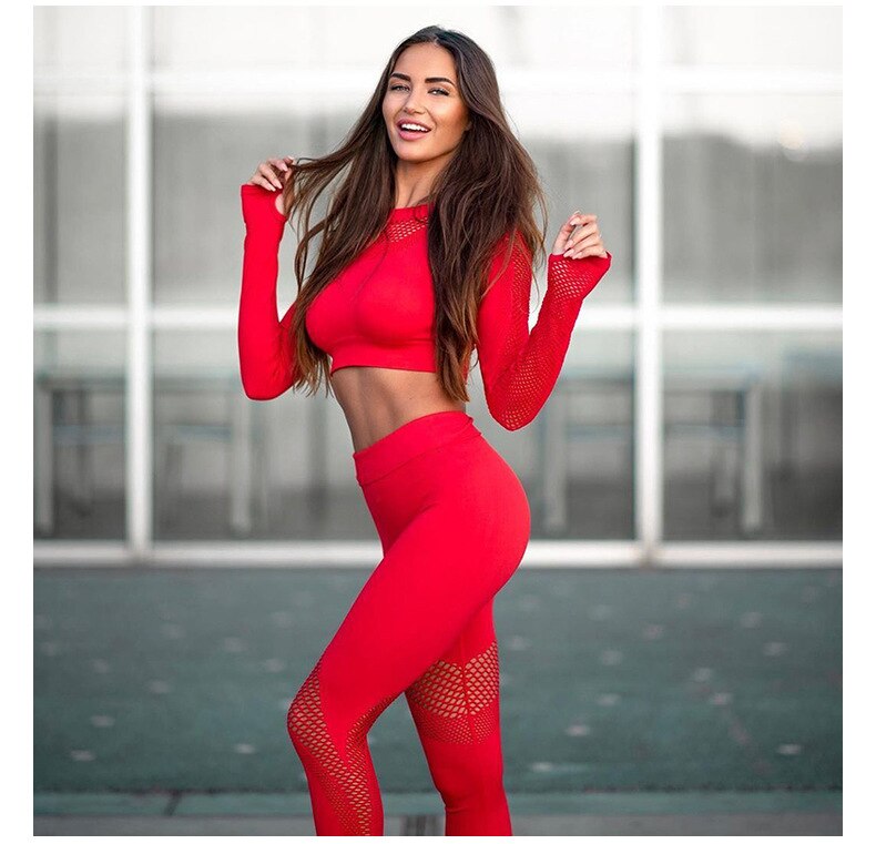 Women Yoga Set Long Sleeve Hollow Seamless Mesh Stretch | Vimost Shop.