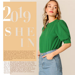 Ladies Casual Green Puff Sleeve Keyhole Back Solid Top And Blouse Workwear Half Sleeve Elegant Blouses | Vimost Shop.