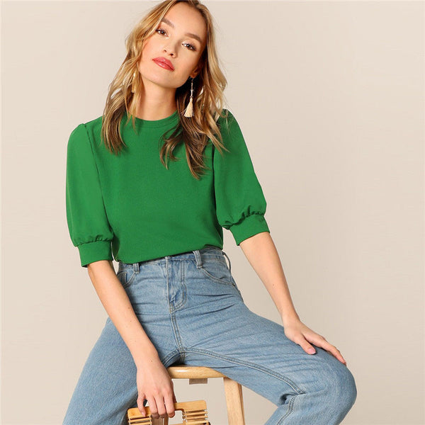 Ladies Casual Green Puff Sleeve Keyhole Back Solid Top And Blouse Workwear Half Sleeve Elegant Blouses | Vimost Shop.