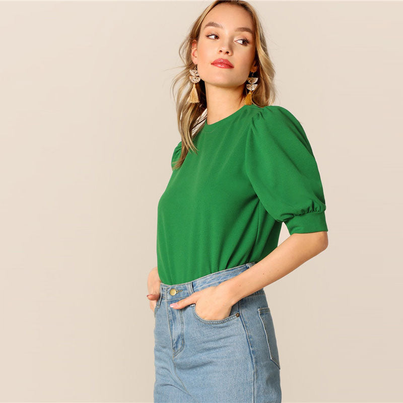 Ladies Casual Green Puff Sleeve Keyhole Back Solid Top And Blouse Workwear Half Sleeve Elegant Blouses | Vimost Shop.