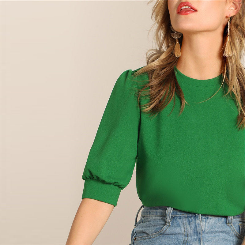 Ladies Casual Green Puff Sleeve Keyhole Back Solid Top And Blouse Workwear Half Sleeve Elegant Blouses | Vimost Shop.
