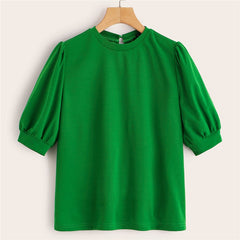 Ladies Casual Green Puff Sleeve Keyhole Back Solid Top And Blouse Workwear Half Sleeve Elegant Blouses | Vimost Shop.