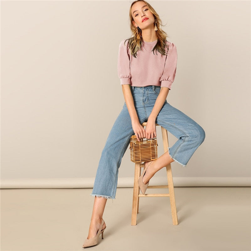 Ladies Casual Green Puff Sleeve Keyhole Back Solid Top And Blouse Workwear Half Sleeve Elegant Blouses | Vimost Shop.