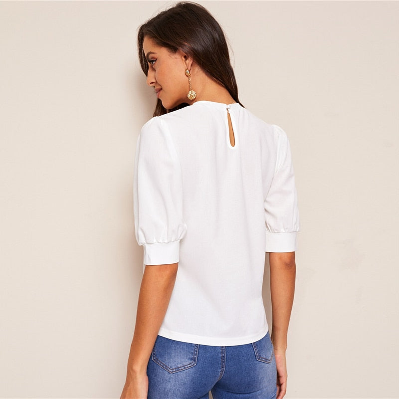 Ladies Casual Green Puff Sleeve Keyhole Back Solid Top And Blouse Workwear Half Sleeve Elegant Blouses | Vimost Shop.