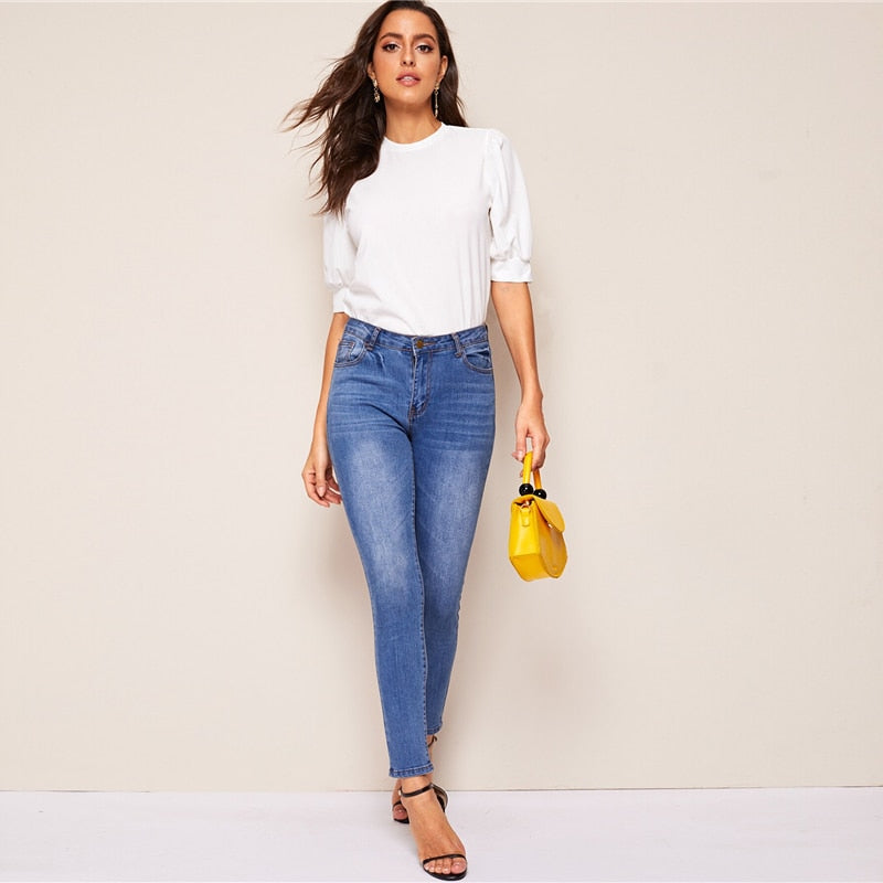 Ladies Casual Green Puff Sleeve Keyhole Back Solid Top And Blouse Workwear Half Sleeve Elegant Blouses | Vimost Shop.