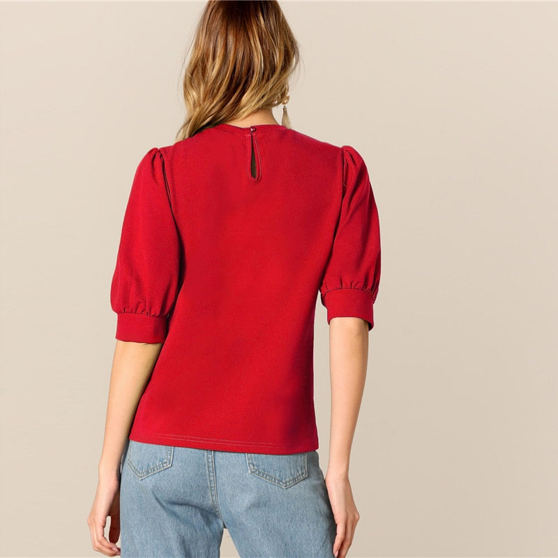 Ladies Casual Green Puff Sleeve Keyhole Back Solid Top And Blouse Workwear Half Sleeve Elegant Blouses | Vimost Shop.