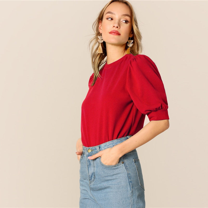 Ladies Casual Green Puff Sleeve Keyhole Back Solid Top And Blouse Workwear Half Sleeve Elegant Blouses | Vimost Shop.