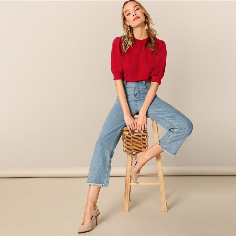 Ladies Casual Green Puff Sleeve Keyhole Back Solid Top And Blouse Workwear Half Sleeve Elegant Blouses | Vimost Shop.