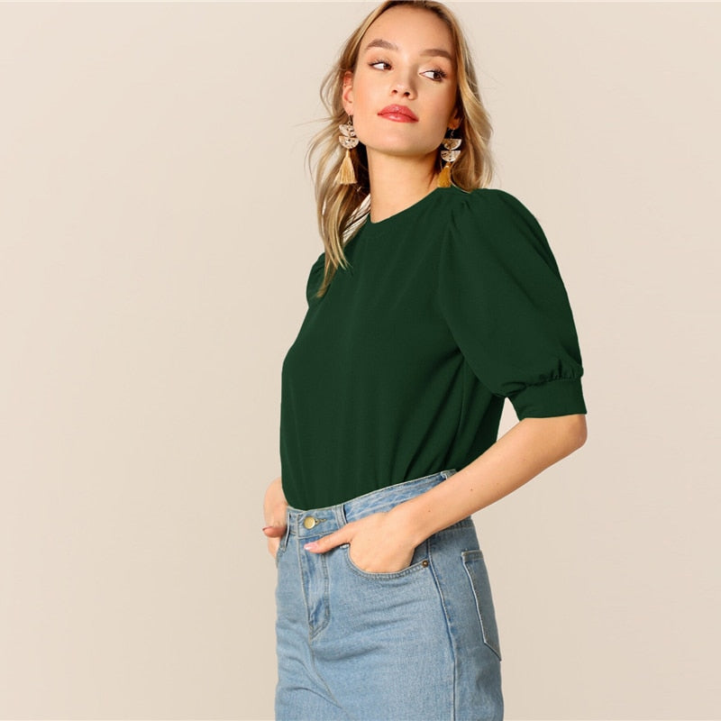 Ladies Casual Green Puff Sleeve Keyhole Back Solid Top And Blouse Workwear Half Sleeve Elegant Blouses | Vimost Shop.