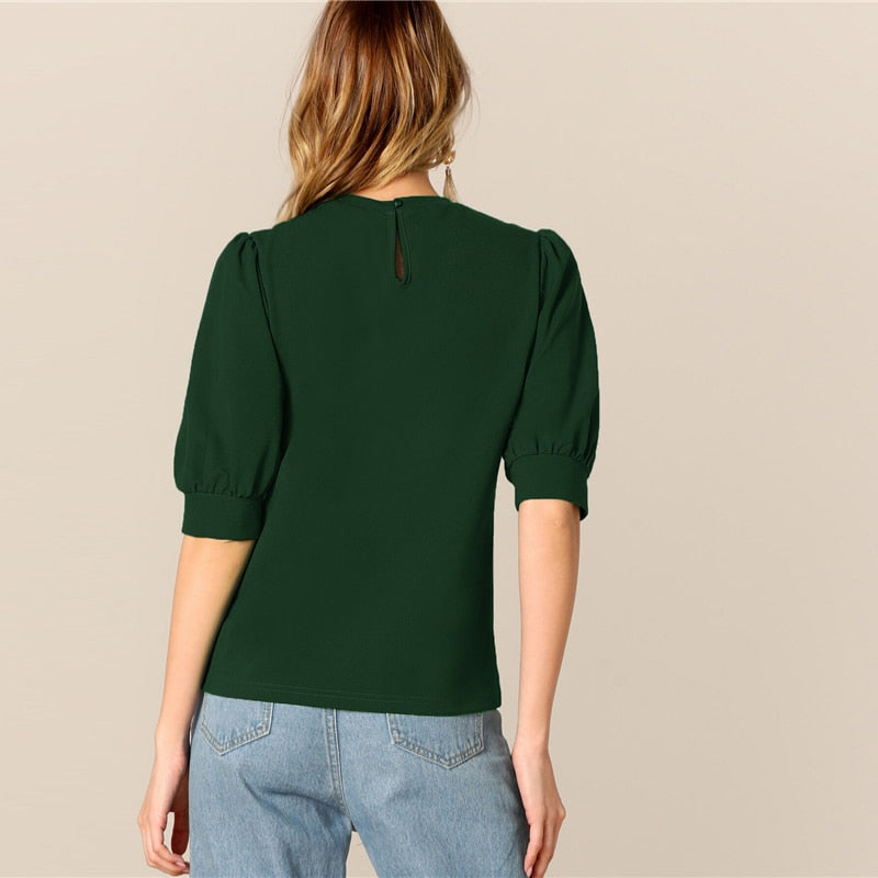 Ladies Casual Green Puff Sleeve Keyhole Back Solid Top And Blouse Workwear Half Sleeve Elegant Blouses | Vimost Shop.