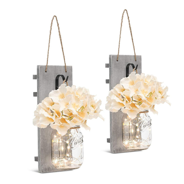 2Pcs Mason Jar Light Remote Control Mason Jar Decor Rustic Wall Sconces Light Hydrangea Flowers LED Strip Lights Mason Jar Light | Vimost Shop.