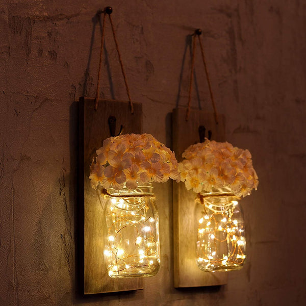 2Pcs Mason Jar Light Remote Control Mason Jar Decor Rustic Wall Sconces Light Hydrangea Flowers LED Strip Lights Mason Jar Light | Vimost Shop.