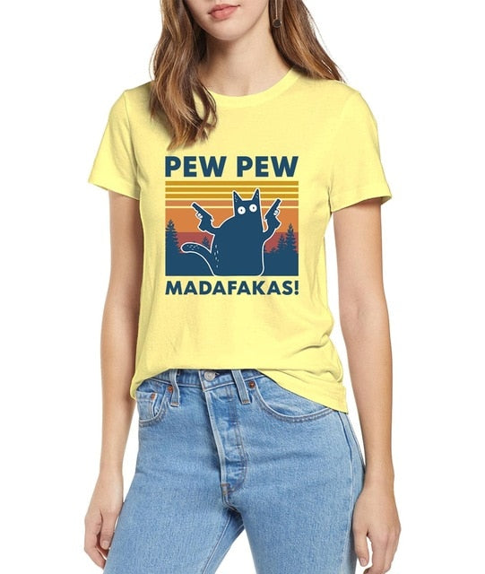 Black Cat Pew Pew Madafakas Funny Cat Gangster With Gun Meme Retro Women's 100% cotton short sleeves T-Shirt Humor Gift Tops tee | Vimost Shop.