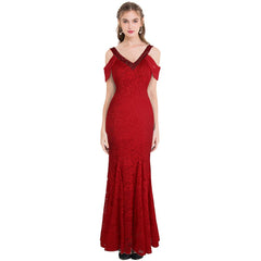 Women's Evening Dress Off Shoulder Lace Beading Crystal Maxi Elegant Bodycon Party Gwon Red | Vimost Shop.