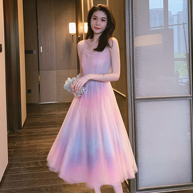 Rainbow mesh suspender dress female high waist was thin  net red with the same temperament gradient color fairy DRESS | Vimost Shop.