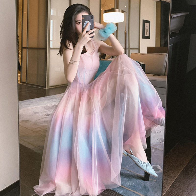 Rainbow mesh suspender dress female high waist was thin  net red with the same temperament gradient color fairy DRESS | Vimost Shop.