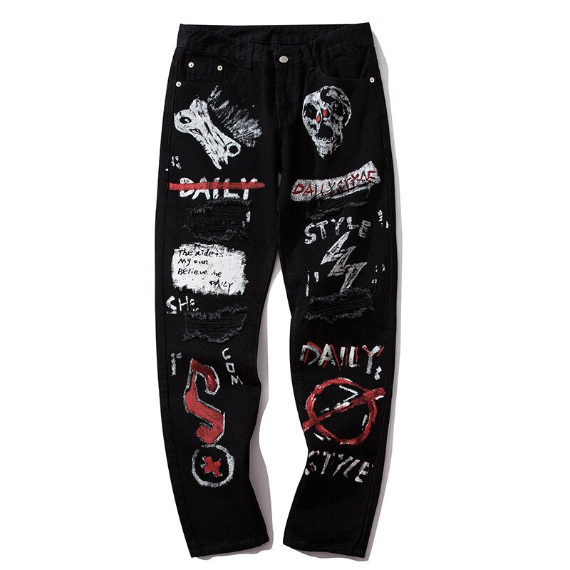 Men Jeans Hip Hop Graffiti Skull Letter Print Denim Pants Skinny Hole High Street | Vimost Shop.
