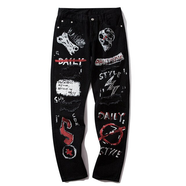 Men Jeans Hip Hop Graffiti Skull Letter Print Denim Pants Skinny Hole High Street | Vimost Shop.