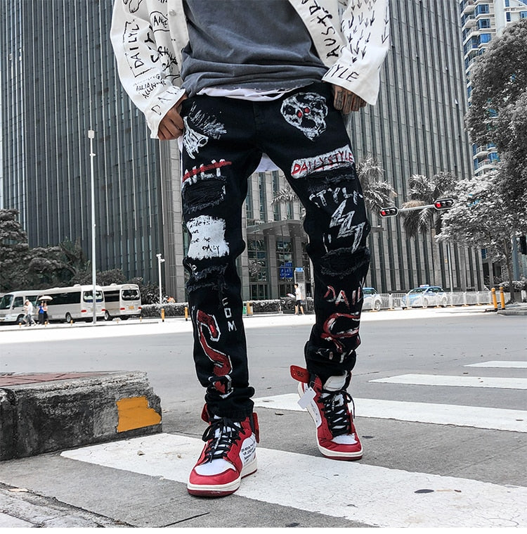 Men Jeans Hip Hop Graffiti Skull Letter Print Denim Pants Skinny Hole High Street | Vimost Shop.