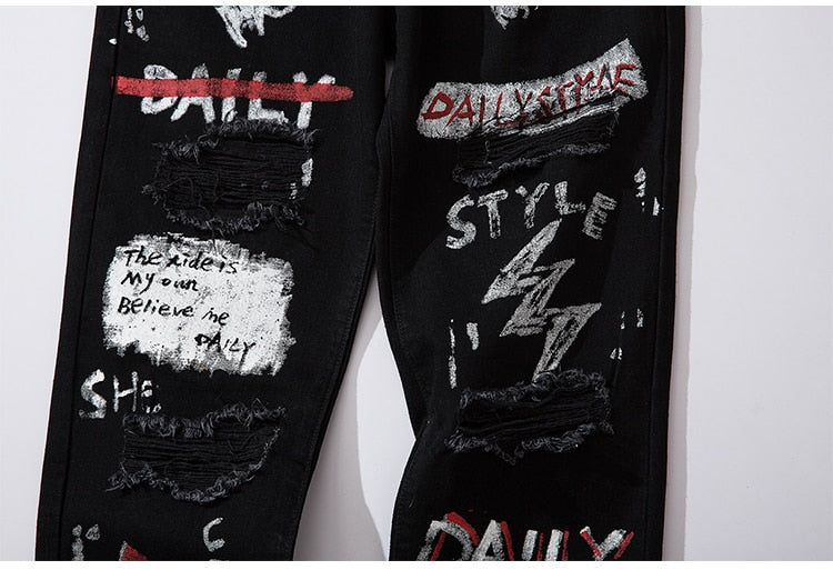 Men Jeans Hip Hop Graffiti Skull Letter Print Denim Pants Skinny Hole High Street | Vimost Shop.