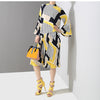 Autumn Stand Collar Long Flare Sleeve Pattern Striped Printed Pleated Loose Dress Women | Vimost Shop.