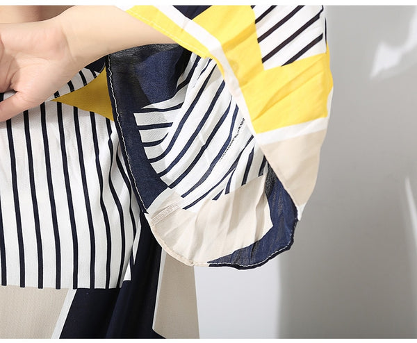 Autumn Stand Collar Long Flare Sleeve Pattern Striped Printed Pleated Loose Dress Women | Vimost Shop.