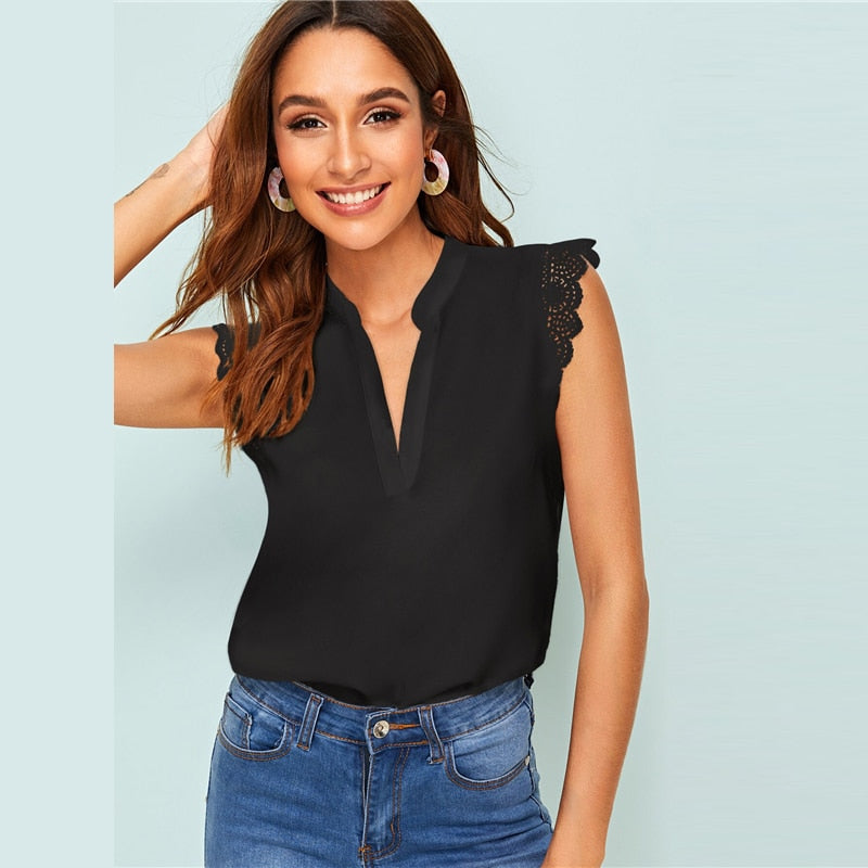 V-Placket Lace Trim Shell Top Elegant V neck Stand Collar Summer Sleeveless Womens Tops and Blouses | Vimost Shop.