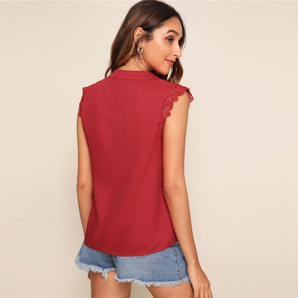 V-Placket Lace Trim Shell Top Elegant V neck Stand Collar Summer Sleeveless Womens Tops and Blouses | Vimost Shop.