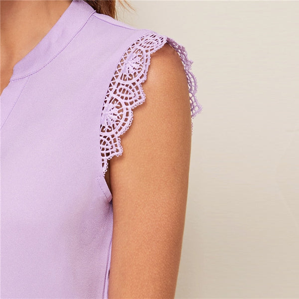 V-Placket Lace Trim Shell Top Elegant V neck Stand Collar Summer Sleeveless Womens Tops and Blouses | Vimost Shop.