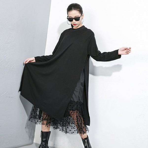 Women Black Mesh Dot Split Joint Dress New Stand Collar Long Sleeve Loose | Vimost Shop.