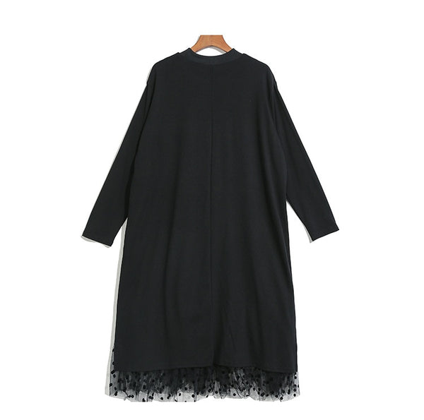 Women Black Mesh Dot Split Joint Dress New Stand Collar Long Sleeve Loose | Vimost Shop.