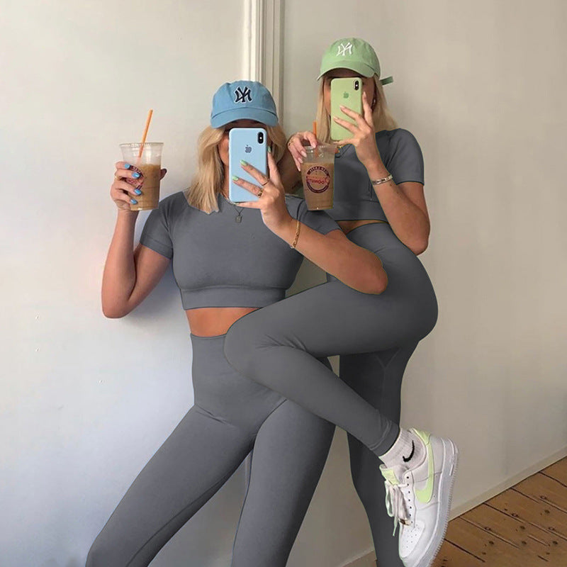 Yoga Set Sport Outfits Women Yoga clothing Seamless Short Sleeve Crop Top T-Shirt Leggings Summer Run Workout Gym Suit Sets | Vimost Shop.