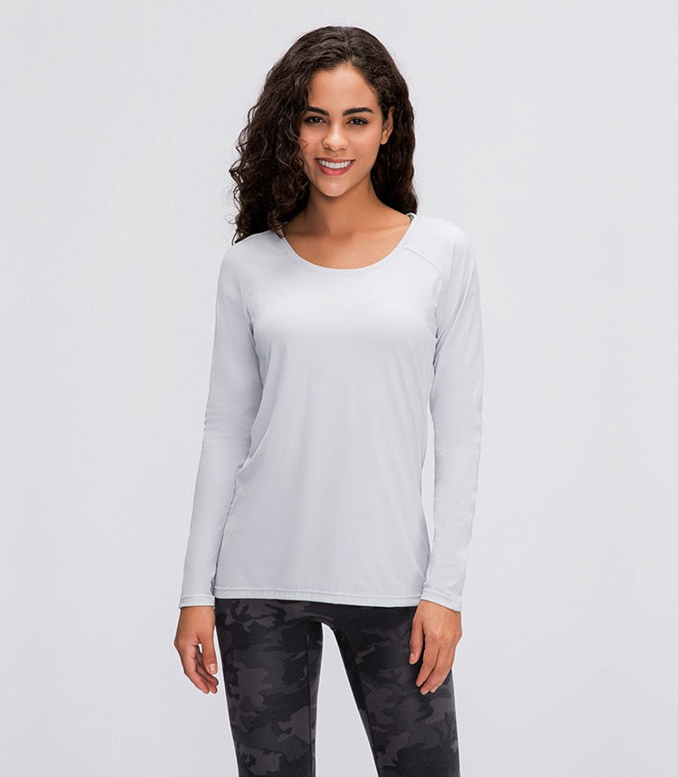 Workout Shirts for Women Nylon Spandex Yoga Long Sleeved Shirts Womens Breathable Lightweight Loose Running Sport Tops | Vimost Shop.