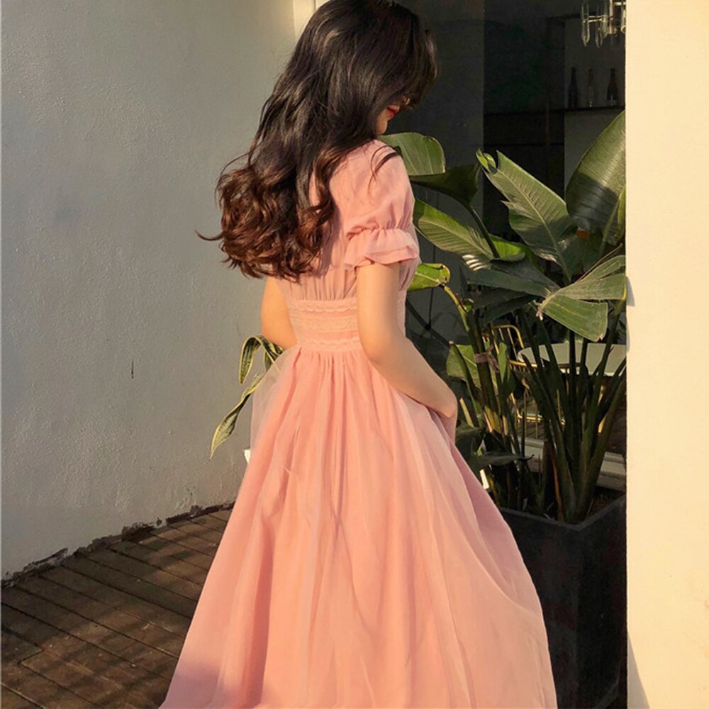 Long work dress Short Puff Sleeve A-line Women Dress Summer Slim Korean Style Mesh Elegant Vintage Mesh Dress | Vimost Shop.