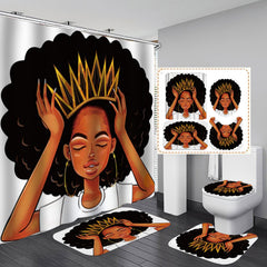 African American Women with Crown Shower Curtain Afro Africa Girl Queen Princess Bath Curtains with Rugs Toilet Seat Cover Set