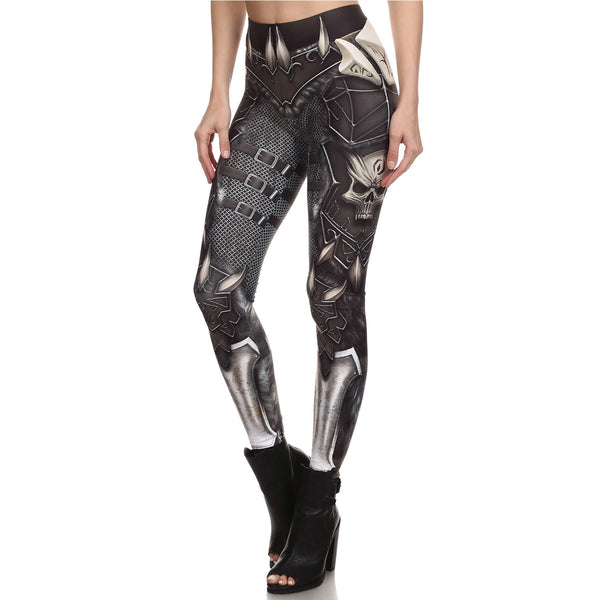 Gothic SKull Punk  Women's Leggings Pants Fantastic Armor Grey Print Ankle Workout Fitness Trousers | Vimost Shop.