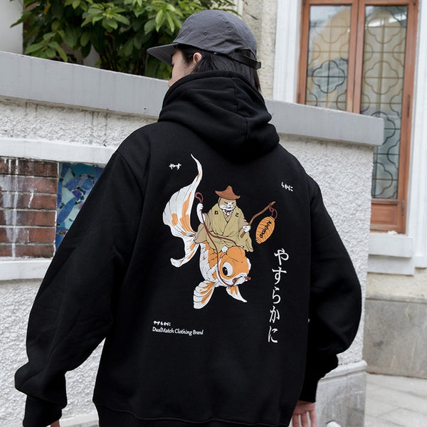 Men Streetwear Hip Hop Sweatshirt Funny Fisherman Cat Kanji Japanese Harajuku Pullover Hoodie Cotton Fleece Winter Autumn | Vimost Shop.