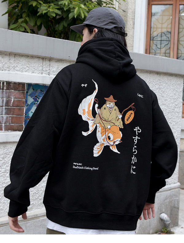 Men Streetwear Hip Hop Sweatshirt Funny Fisherman Cat Kanji Japanese Harajuku Pullover Hoodie Cotton Fleece Winter Autumn | Vimost Shop.