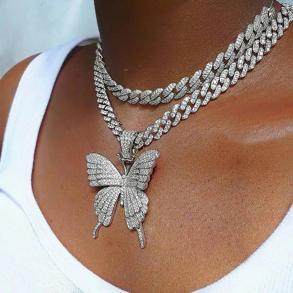 Iced Out Butterfly Necklace Chain for Women Wholesale New Crystal Rhinestone Pink Gold Cuban Link Choker Necklace Party | Vimost Shop.