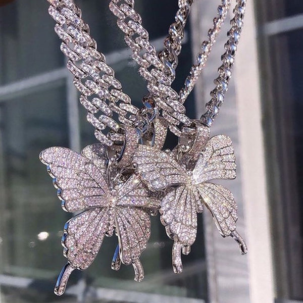 Iced Out Butterfly Necklace Chain for Women Wholesale New Crystal Rhinestone Pink Gold Cuban Link Choker Necklace Party | Vimost Shop.