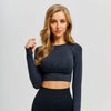 Seamless O-neck Gym Sport Long Sleeve Shirts Women Quick Dry Slim Fit Workout Fitness Crop Top with Thumb Holes.