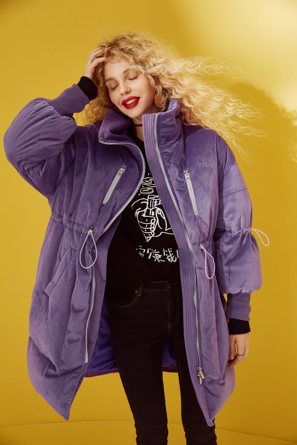 Local Delivery Solid Drawstring Pocket Zip Down Jacket Women Oversize Coat Autumn Casual Female Outwear | Vimost Shop.