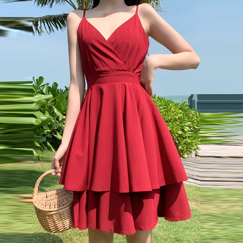 Summer Ruffles Sexy Dress Women Red Spaghetti Strap V Neck Backless Dresses Mini Zipper Club Party Female Dress Vestidos | Vimost Shop.