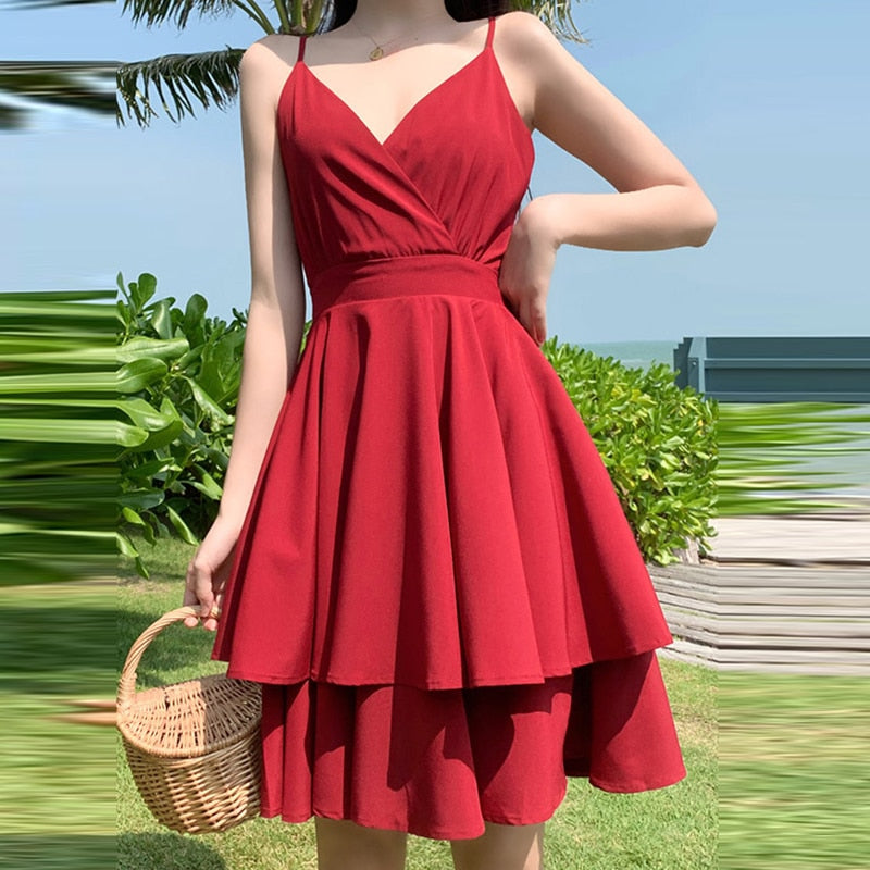 Summer Ruffles Sexy Dress Women Red Spaghetti Strap V Neck Backless Dresses Mini Zipper Club Party Female Dress Vestidos | Vimost Shop.