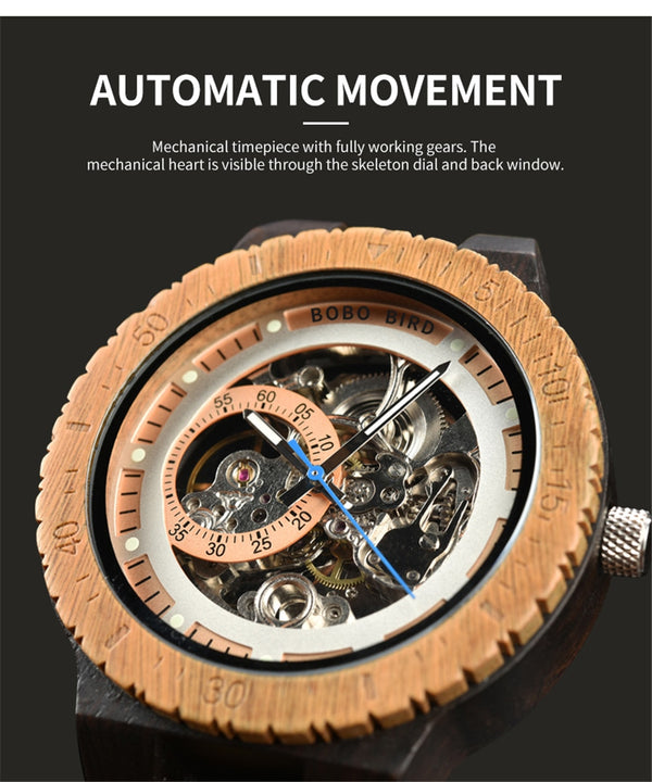 Wooden Mechanical Watch Men Luxury Retro Design Case With Gold Label Beside Automatic and Multi-Functional Wristwatch | Vimost Shop.