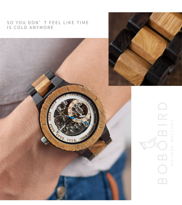 Wooden Mechanical Watch Men Luxury Retro Design Case With Gold Label Beside Automatic and Multi-Functional Wristwatch | Vimost Shop.