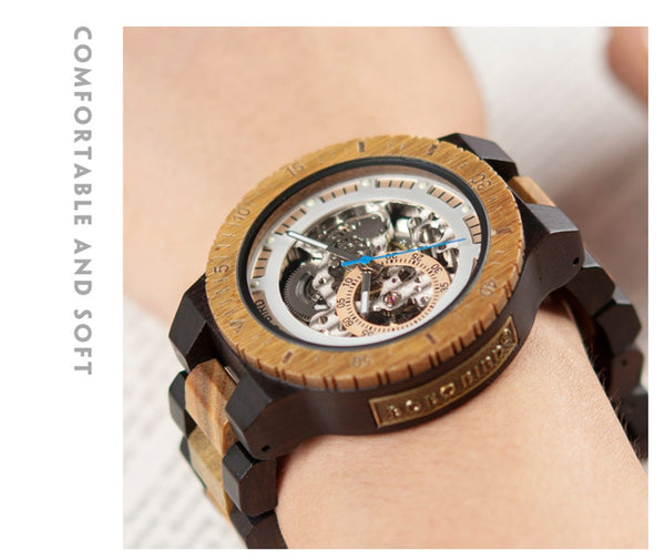 Wooden Mechanical Watch Men Luxury Retro Design Case With Gold Label Beside Automatic and Multi-Functional Wristwatch | Vimost Shop.