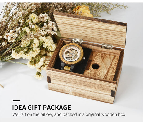 Wooden Mechanical Watch Men Luxury Retro Design Case With Gold Label Beside Automatic and Multi-Functional Wristwatch | Vimost Shop.