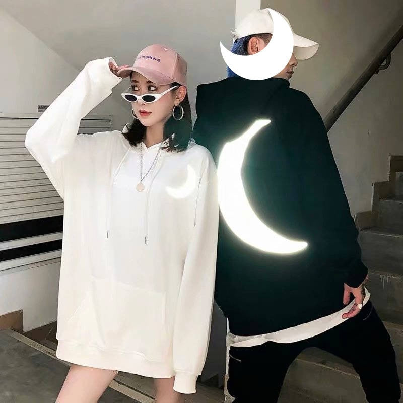 Moon Reflective print Hoodies Men's Sweatshirt Orange Autumn Winter Sweatshirts Men Streetwear Cool korean Loose Hoodies Male | Vimost Shop.