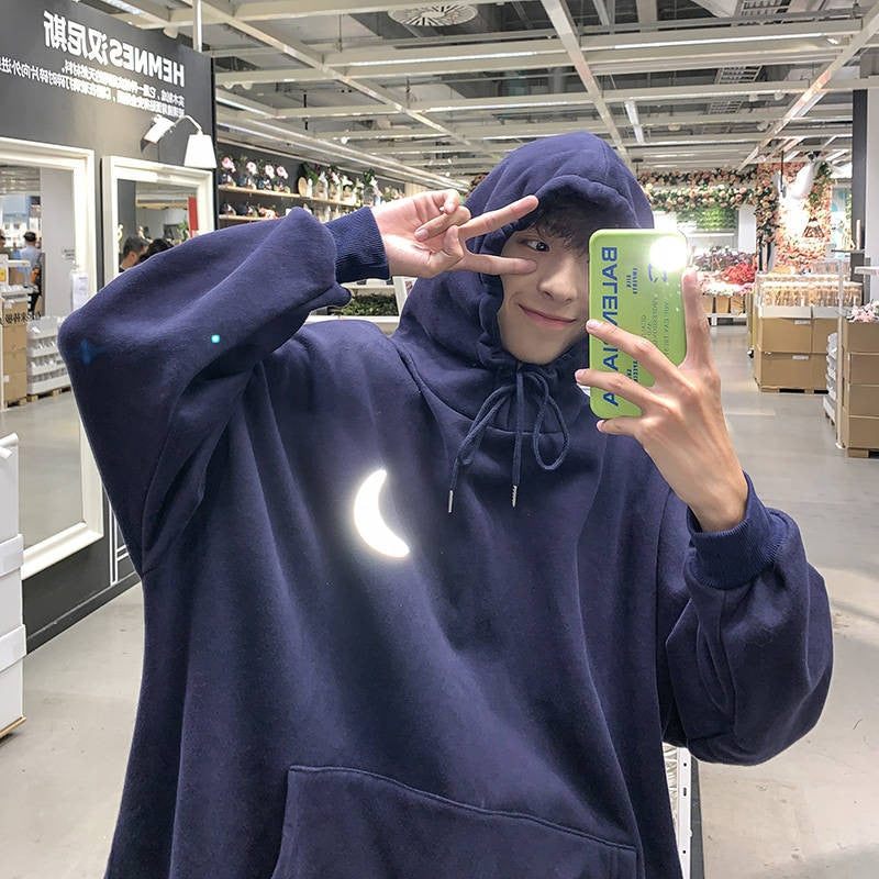 Moon Reflective print Hoodies Men's Sweatshirt Orange Autumn Winter Sweatshirts Men Streetwear Cool korean Loose Hoodies Male | Vimost Shop.
